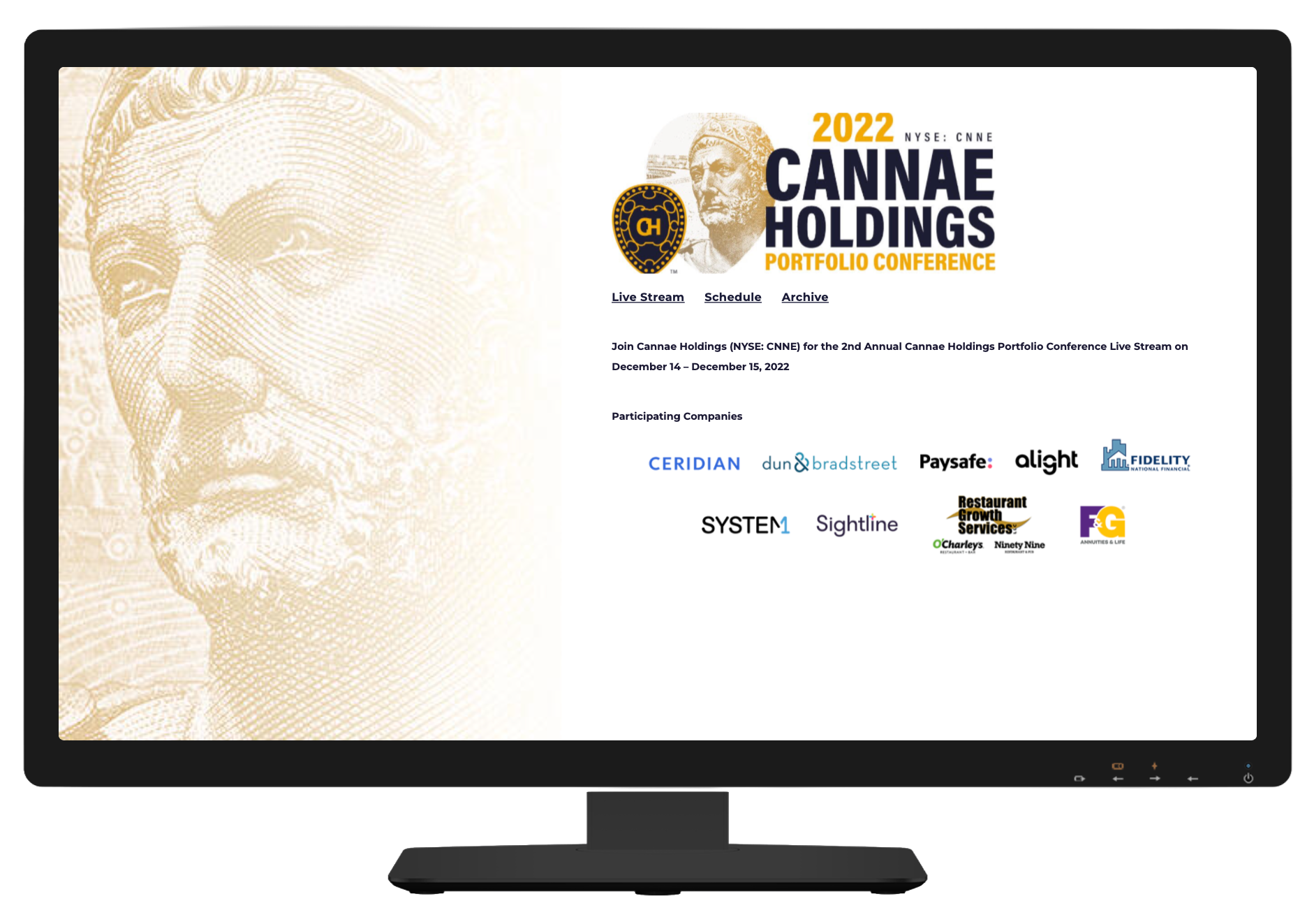 Custom Cannae Holdings 2022 Portfolio Conference landing page displayed on a monitor, with Live Stream, Schedule, and Archive navigation